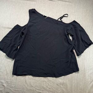 NWT 1.State Women's Large Black V-Neck Sleeve Strap Cold Off Shoulder Blouse